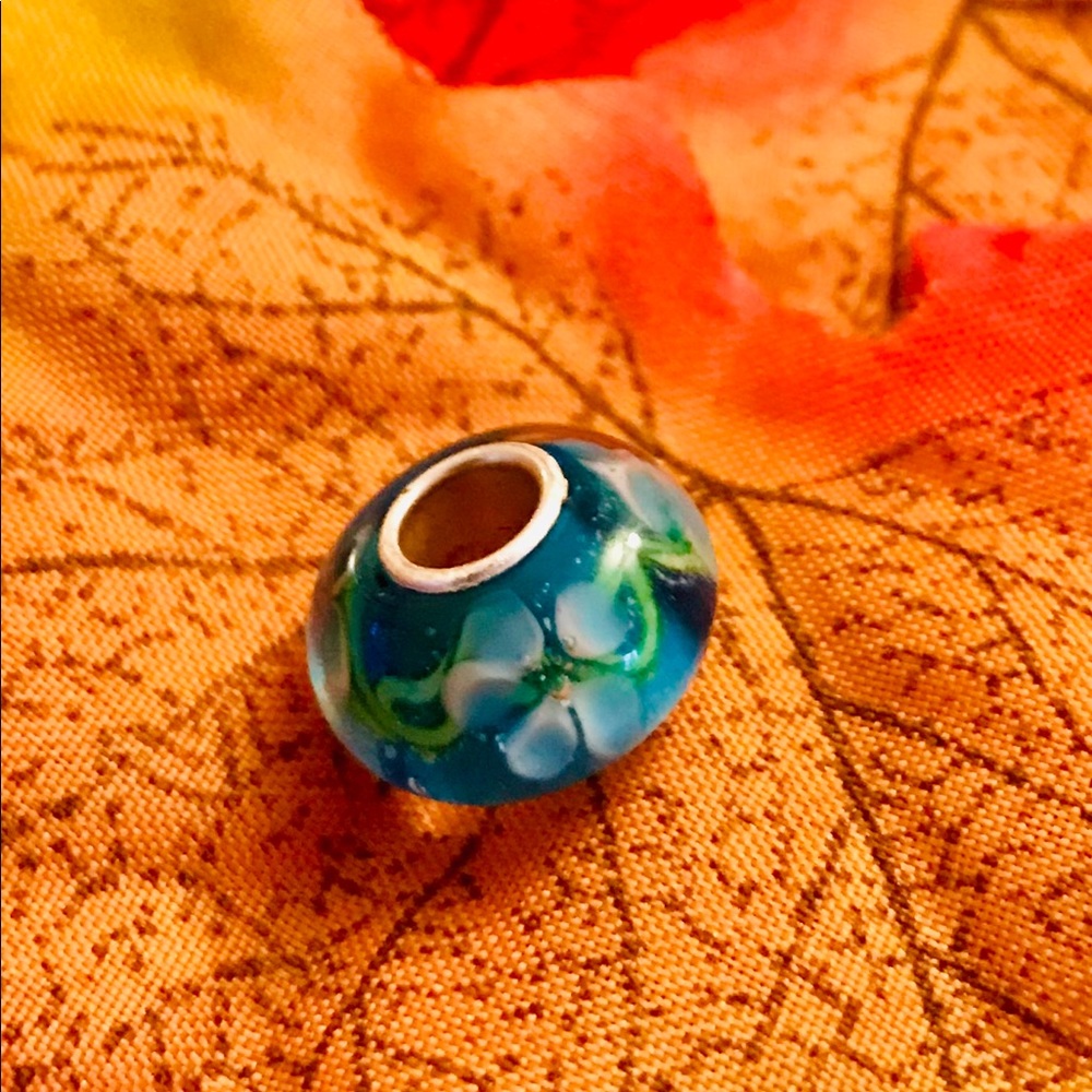 Pandora Blue Murano Bead/Blue Aqua, & Flowers